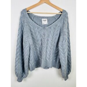Abercrombie & Fitch Large Blue Chunky Cable Knit Sweater Crop Balloon Sleeve